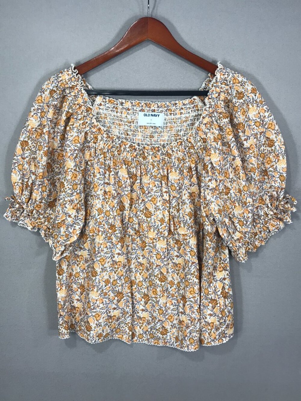 Old Navy Top Womens Large Brown Floral Babydoll Blouse Scoop Smocked Puff Sleeve